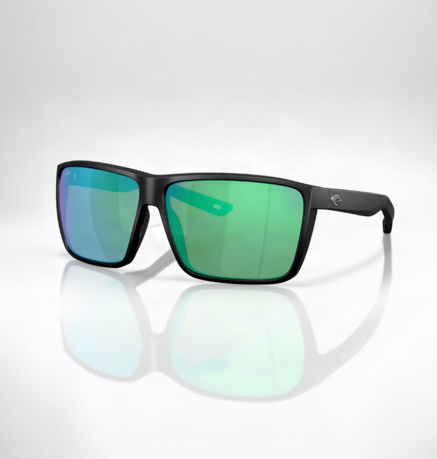 Sunglasses with green reflective lenses on a white background