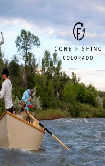 Two people fishing from a small boat on a river with 'Gone Fishing Colorado' logo above.