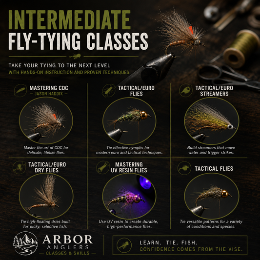 Promotional flyer graphic for 'Intermediate Fly-Tying Classes' by Arbor Anglers, featuring six circular inset images showcasing different fly-tying techniques: CDC, Tactical/Euro Flies, Tactical/Euro Streamers, Tactical Dry Flies, UV Resin Flies, and Tactical Flies. The flyer includes close-up photos of various fly patterns and a rifle scope on a dark textured background.